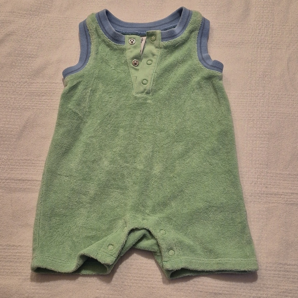 Janie and Jack boys 0-3 months green with blue trim terry sleeveless romper VGUC
